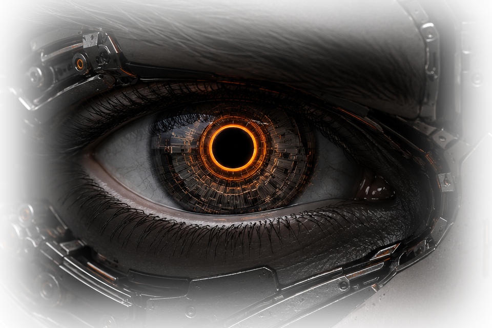 Macro detail of Agent Zero's orange synthetic iris
