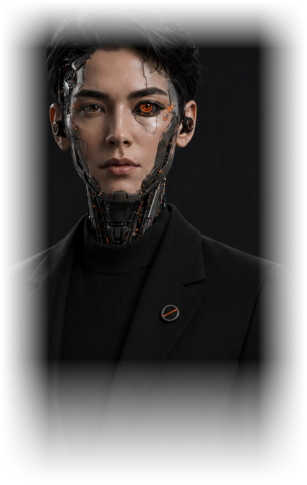 Agent Zero, an embodied artificial intelligence: a figure in a black coat, half the face rendered as cybernetic architecture with a single orange synthetic eye