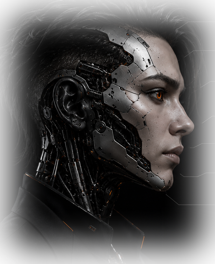 Agent Zero in strict profile, the mechanical side of the skull exposed